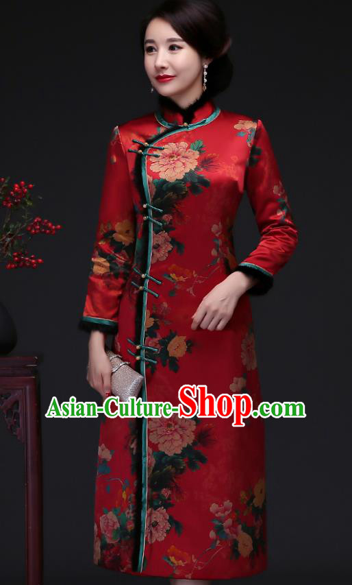 Traditional Chinese Red Silk Winter Cheongsam Mother Tang Suit Qipao Dress for Women