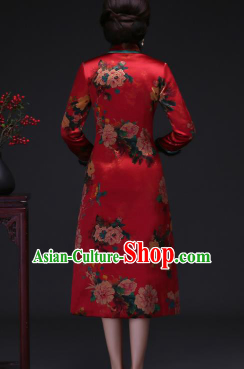 Traditional Chinese Red Silk Winter Cheongsam Mother Tang Suit Qipao Dress for Women
