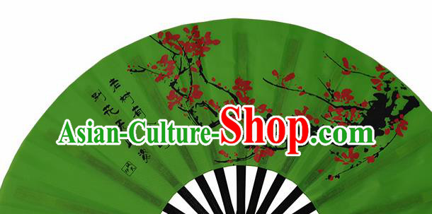 Chinese Handmade Printing Plum Blossom Green Kung Fu Fans Accordion Fan Traditional Decoration Folding Fan