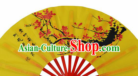 Chinese Handmade Printing Plum Blossom Yellow Kung Fu Fans Accordion Fan Traditional Decoration Folding Fan