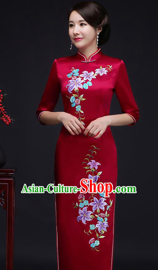Traditional Chinese Embroidered Red Silk Cheongsam Mother Tang Suit Qipao Dress for Women