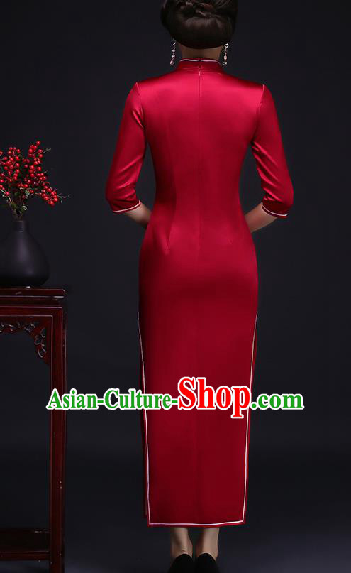 Traditional Chinese Embroidered Red Silk Cheongsam Mother Tang Suit Qipao Dress for Women