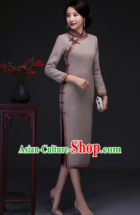 Traditional Chinese Khaki Woolen Cheongsam Mother Tang Suit Qipao Dress for Women