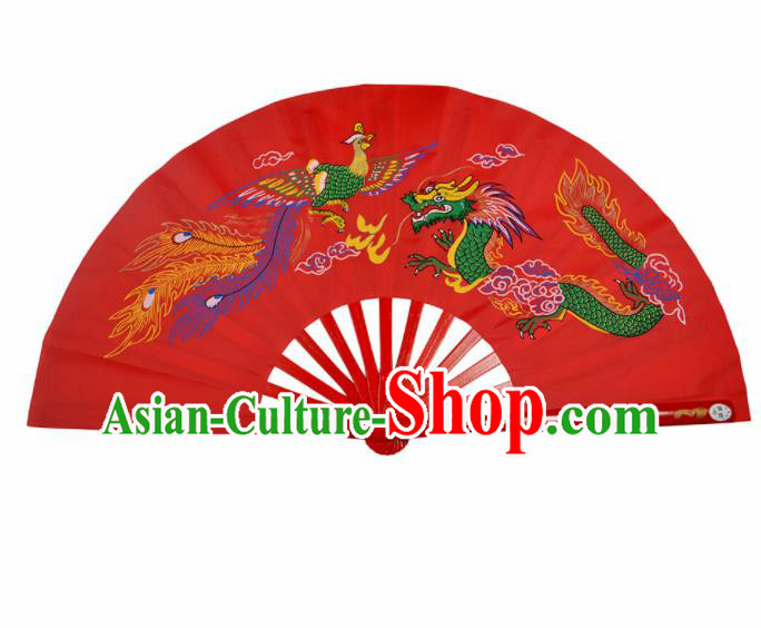 Chinese Handmade Martial Arts Printing Dragon Phoenix Red Silk Fans Accordion Fan Traditional Kung Fu Folding Fan