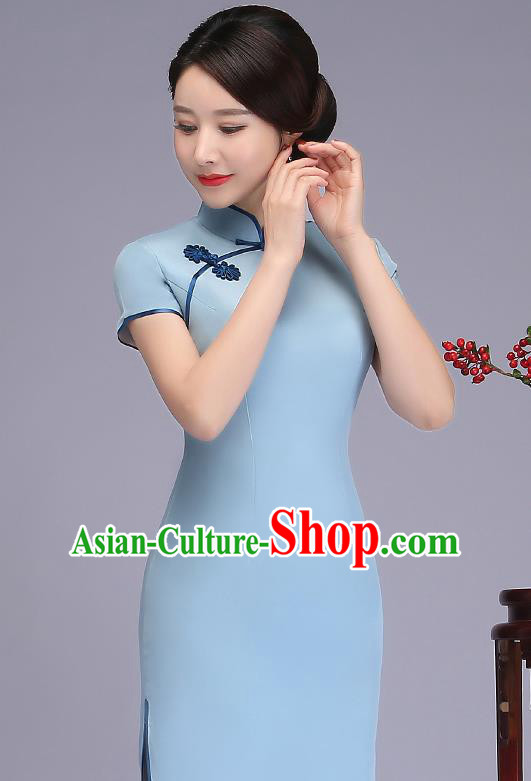 Traditional Chinese Blue Silk Cheongsam Mother Tang Suit Qipao Dress for Women