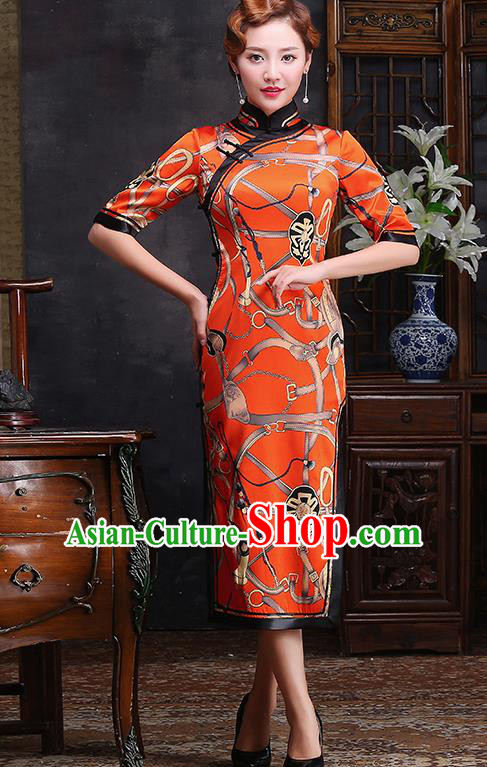Traditional Chinese Printing Orange Silk Cheongsam Mother Tang Suit Qipao Dress for Women