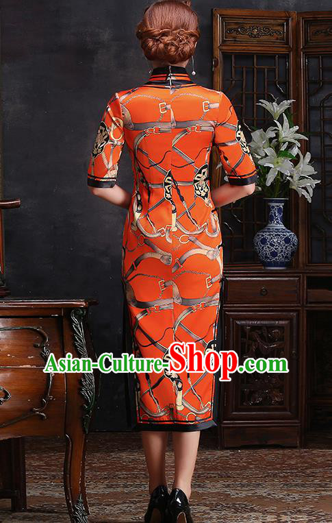 Traditional Chinese Printing Orange Silk Cheongsam Mother Tang Suit Qipao Dress for Women