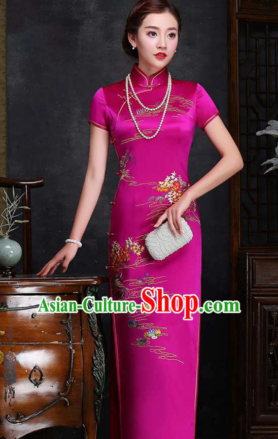 Traditional Chinese Embroidered Rosy Silk Cheongsam Mother Tang Suit Qipao Dress for Women