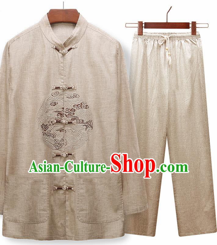 Traditional Chinese Tang Suit Embroidered Khaki Silk Outfits Tai Chi Training Costumes for Old Men