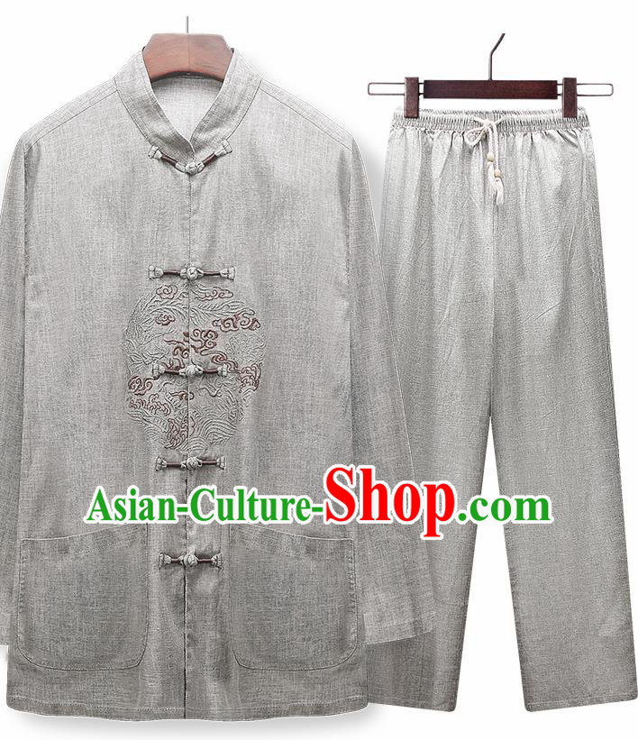 Traditional Chinese Tang Suit Embroidered Light Grey Silk Outfits Tai Chi Training Costumes for Old Men