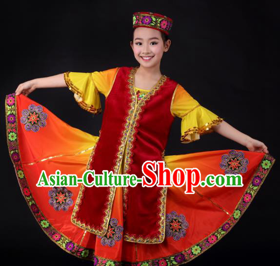 Traditional Chinese Child Xinjiang Uyghur Nationality Red Dress Ethnic Minority Folk Dance Costume for Kids