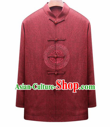 Traditional Chinese Red Woolen Jacket New Year Tang Suit Overcoat for Old Men