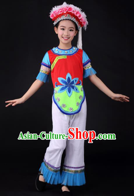 Traditional Chinese Child Bai Nationality Clothing Ethnic Minority Folk Dance Costume for Kids