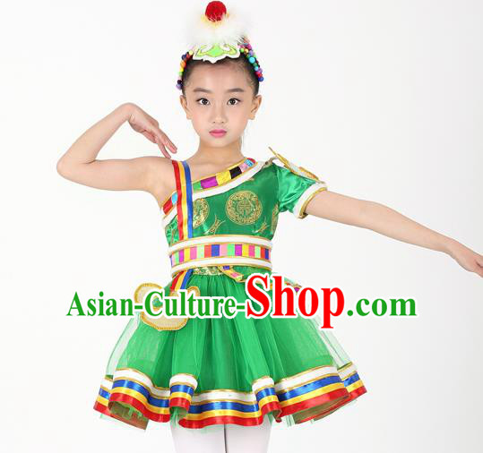 Traditional Chinese Child Zang Nationality Green Short Dress Ethnic Minority Folk Dance Costume for Kids