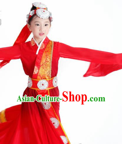 Traditional Chinese Child Zang Nationality Red Water Sleeve Dress Ethnic Minority Folk Dance Costume for Kids