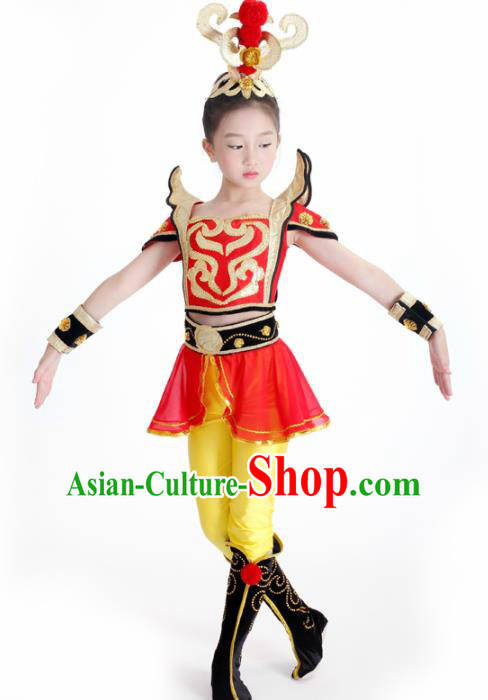 Traditional Chinese Children Classical Dance Hua Mulan Red Dress Stage Show Costume for Kids