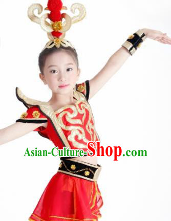 Traditional Chinese Children Classical Dance Hua Mulan Red Dress Stage Show Costume for Kids