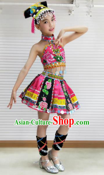 Traditional Chinese Child Yi Nationality Pink Skirt Ethnic Minority Folk Dance Costume for Kids