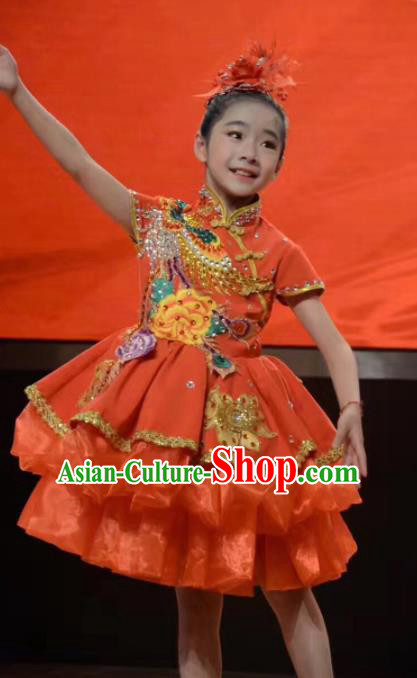 Traditional Chinese Children Classical Dance Orange Dress Stage Show Costume for Kids