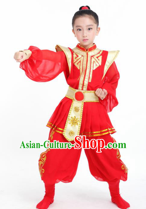 Traditional Chinese Children Classical Dance Hua Mulan Red Clothing Stage Show Costume for Kids