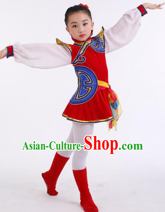 Traditional Chinese Child Mongol Nationality Red Dress Ethnic Minority Folk Dance Costume for Kids