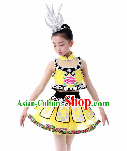 Traditional Chinese Child Miao Nationality Yellow Skirt Ethnic Minority Folk Dance Costume for Kids