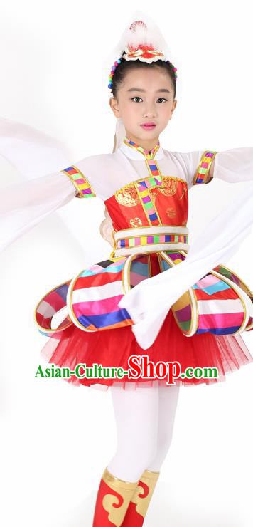 Traditional Chinese Child Tibetan Nationality Red Dress Ethnic Minority Folk Dance Costume for Kids