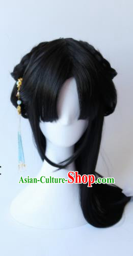 Traditional Chinese Cosplay Ming Dynasty Princess Black Long Wigs Sheath Ancient Female Swordsman Chignon for Women
