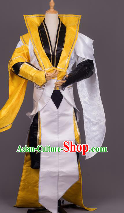 Traditional Chinese Cosplay Crown Prince Golden Costumes Ancient Swordsman Hanfu Clothing for Men