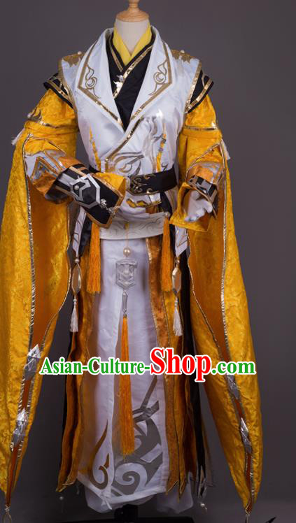 Traditional Chinese Cosplay Crown Prince Golden Costumes Ancient Swordsman Hanfu Clothing for Men