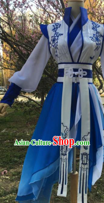 Traditional Chinese Cosplay Young Knight Blue Costumes Ancient Swordsman Hanfu Clothing for Men