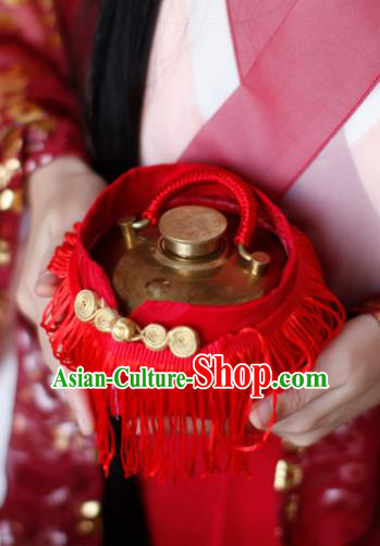 Traditional Chinese Ancient Termofor Cover Embroidered Red Tassel Brocade Bag