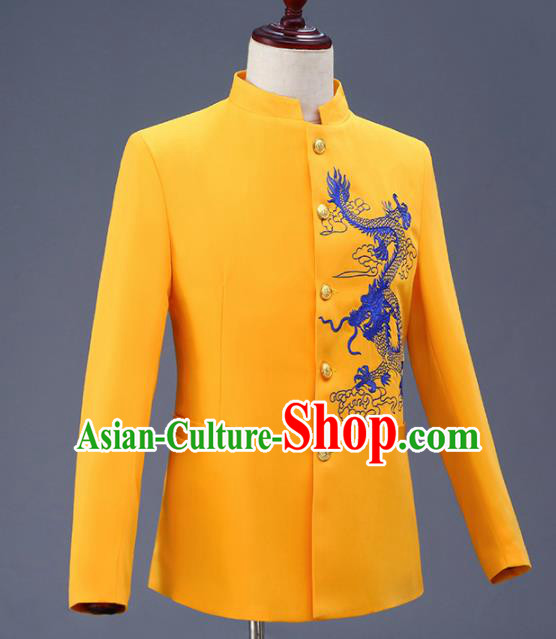 Traditional Chinese Tang Suit Costumes Embroidered Dragon Yellow Overcoat for Men