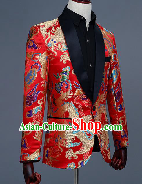 Traditional Chinese Tang Suit Costumes Embroidered Dragon Red Overcoat for Men