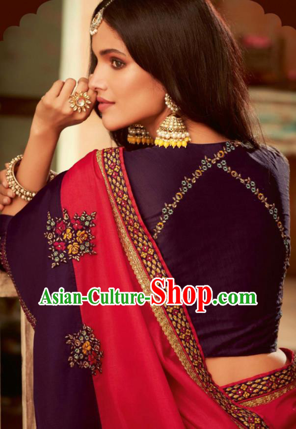 Asian India Traditional Costume Indian Bollywood Embroidered Rosy Silk Sari Dress for Women