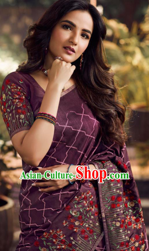 Asian India Traditional Sari Costumes Indian Bollywood Embroidered Purple Silk Dress for Women