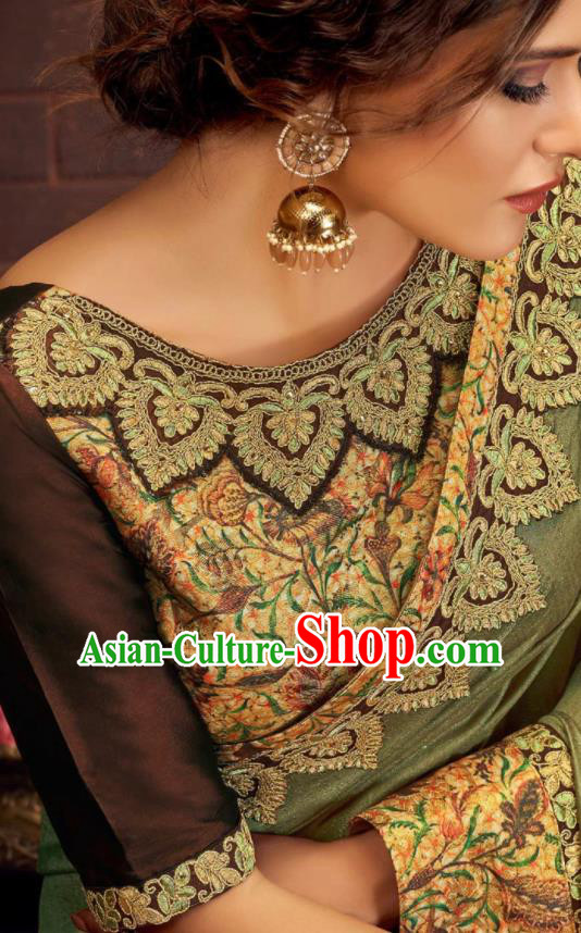Asian Indian Court Green Silk Embroidered Sari Dress India Traditional Bollywood Costumes for Women