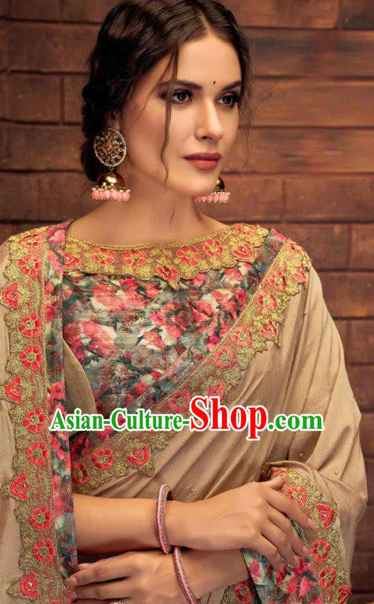 Asian Indian Court Khaki Silk Embroidered Sari Dress India Traditional Bollywood Costumes for Women