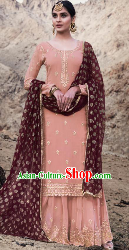 Asian Indian Punjabis Embroidered Pink Georgette Dress India Traditional Lehenga Choli Costumes Complete Set for Women
