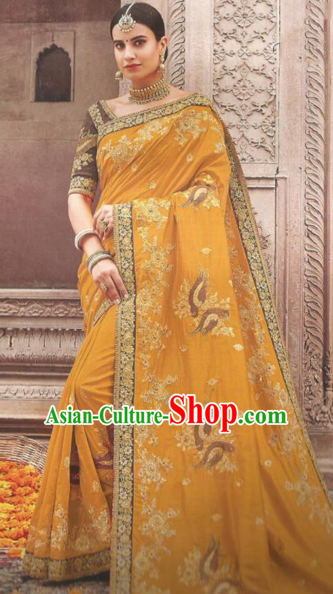 Asian Indian Court Ginger Art Silk Embroidered Sari Dress India Traditional Bollywood Princess Costumes for Women