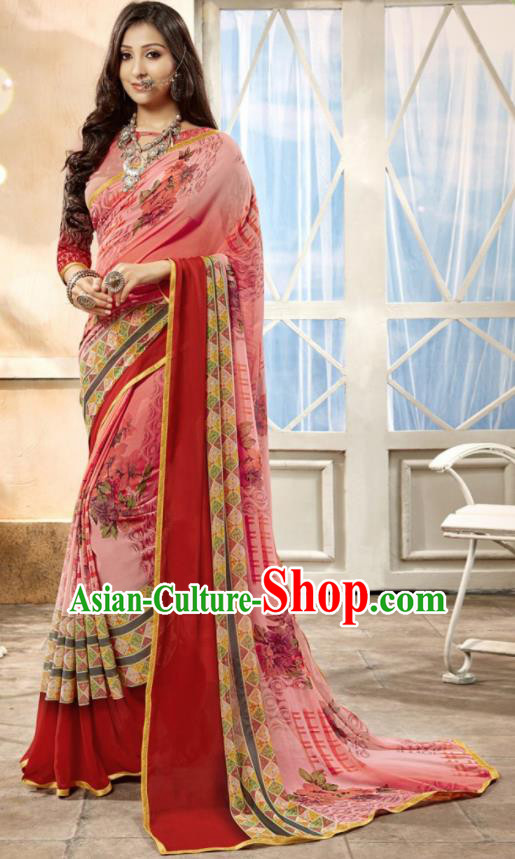 Asian Indian National Lehenga Printing Light Pink Georgette Sari Dress India Bollywood Traditional Costumes for Women