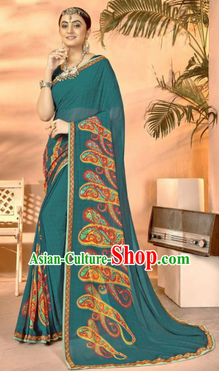 Peacock Green Georgette Asian Indian National Lehenga Printing Sari Dress India Bollywood Traditional Costumes for Women