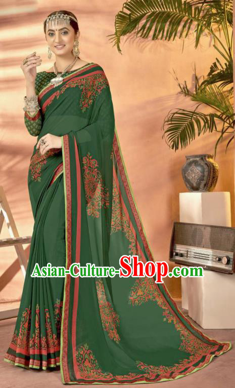 Green Georgette Asian Indian National Lehenga Printing Sari Dress India Bollywood Traditional Costumes for Women