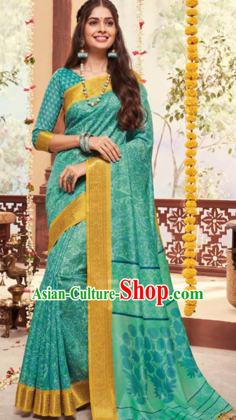 Asian Traditional Indian National Light Green Cotton Sari Dress India Lehenga Bollywood Costumes for Women