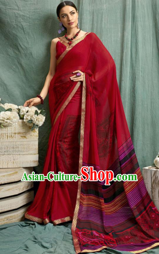 Asian Indian Bollywood Printing Red Chiffon Sari Dress India Traditional Costumes for Women