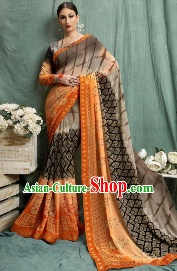 Asian Indian Bollywood Printing Brown Chiffon Sari Dress India Traditional Costumes for Women