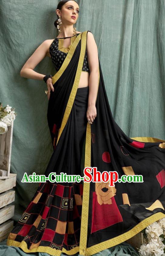 Asian Indian Bollywood Printing Black Chiffon Sari Dress India Traditional Costumes for Women