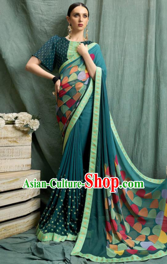 Asian Indian Bollywood Printing Green Chiffon Sari Dress India Traditional Costumes for Women