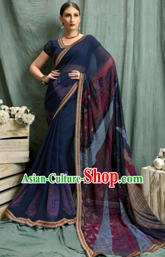 Asian Indian Bollywood Printing Navy Chiffon Sari Dress India Traditional Costumes for Women