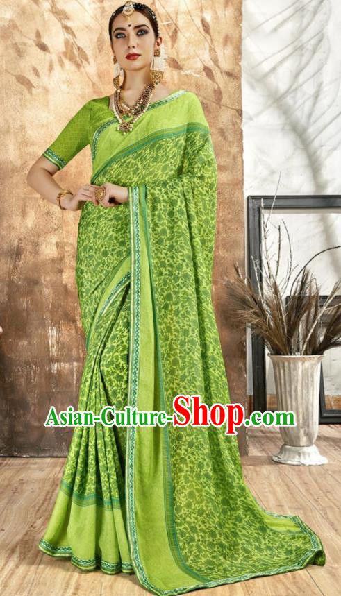 Asian Indian National Bollywood Printing Green Chiffon Sari Dress India Traditional Costumes for Women